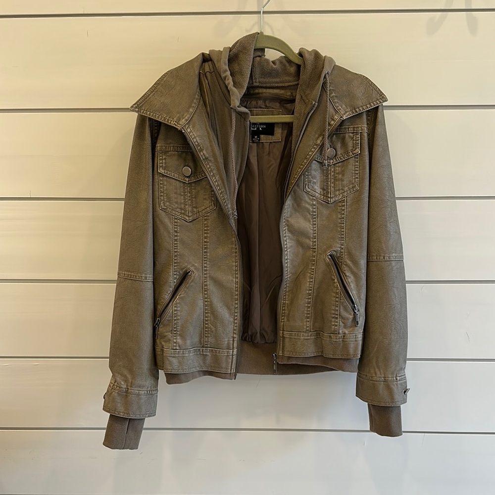 Brown Faux Leather Jacket with Hoodie